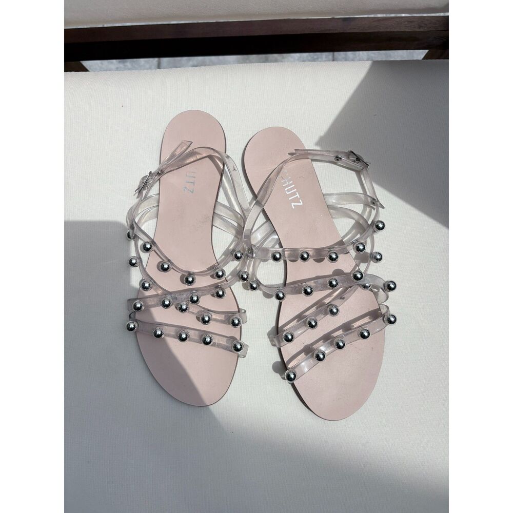 Schutz Clear Studded Flat Sandals Size 8B Silver Ball PVC Strappy Shoes